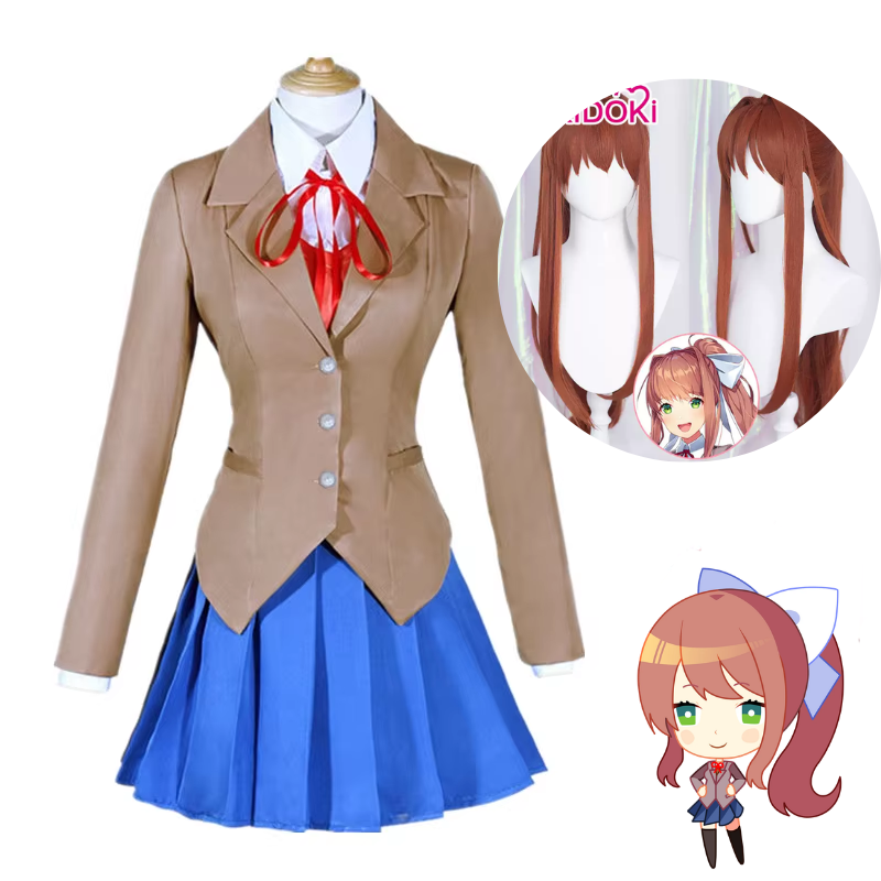 Shadora Doki Doki Literature Club cosplay featuring Natsuki, Yuri, Sayori, and Monika costume with wig accessories.