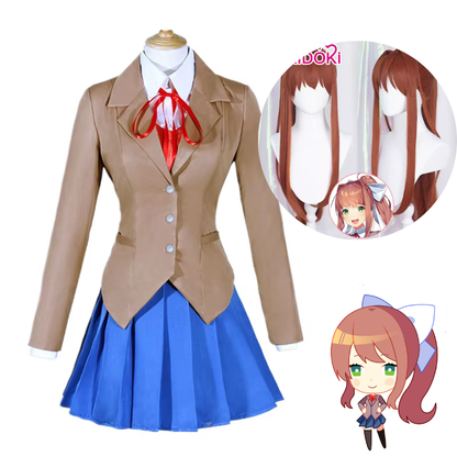 Shadora Doki Doki Literature Club cosplay featuring Natsuki, Yuri, Sayori, and Monika costume with wig accessories.