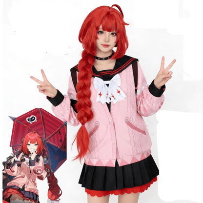Yuzuha cosplay costume and wig from Zenless Zone Zero by Shadora, featuring detailed character outfit and vibrant hair accessory.