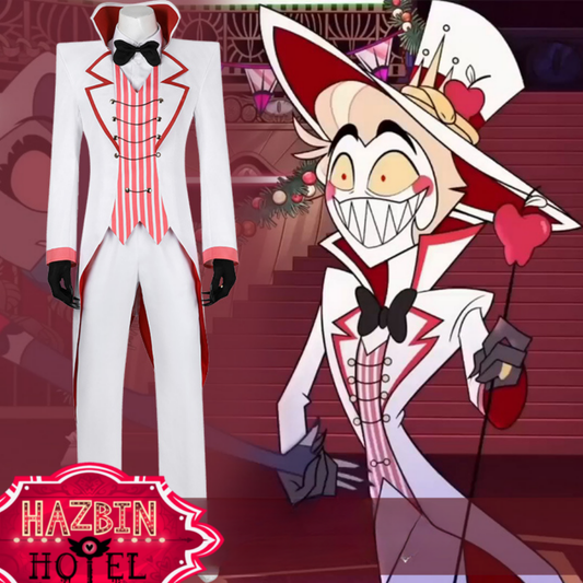 Lucifer Morningstar cosplay with black suit and horns from Hazbin Hotel, featuring a detailed costume and wig by Shadora.