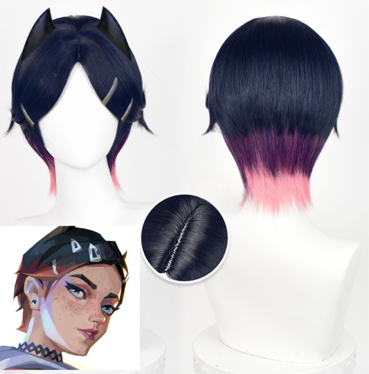 Clove cosplay and wig from Valorant by Shadora, featuring detailed costume and vibrant pink hair for gaming cosplay.