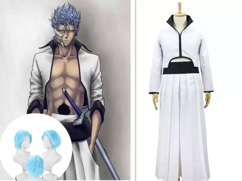 Shadora Grimmjow cosplay with blue wig from Bleach, featuring detailed costume and vibrant hair for authentic anime character look.
