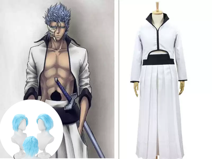 Shadora Grimmjow cosplay with blue wig from Bleach, featuring detailed costume and vibrant hair for authentic anime character look.