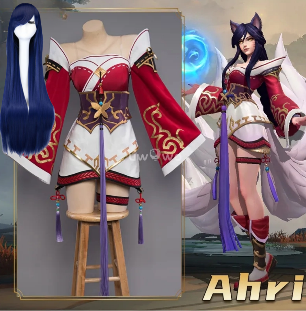 High-quality Ahri cosplay costume with wig from Shadora, featuring vibrant colors and detailed design for authentic character portrayal.