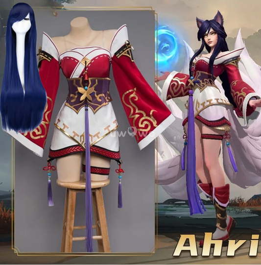 High-quality Ahri cosplay costume with wig from Shadora, featuring vibrant colors and detailed design for authentic character portrayal.