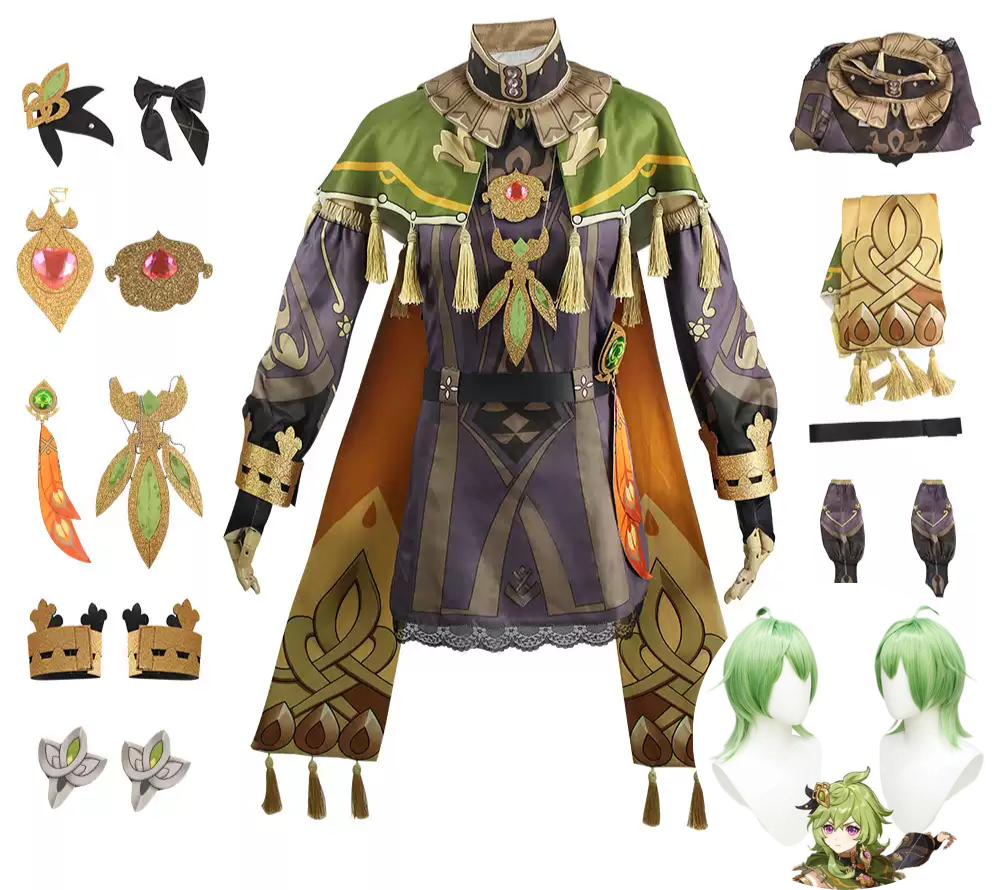 Collei cosplay costume and wig from Genshin Impact by Shadora, featuring detailed costume and vibrant green wig on a mannequin.