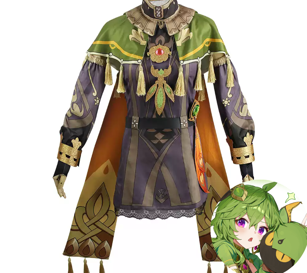 Shadora Collei cosplay and wig from Genshin Impact featuring detailed costume and vibrant green hair wig.