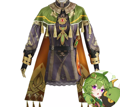 Shadora Collei cosplay and wig from Genshin Impact featuring detailed costume and vibrant green hair wig.