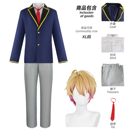Aqua / Ruby Hoshino cosplay wig and costume from Oshi no Ko displayed on a mannequin with vibrant colors and detailed design.