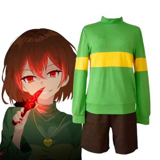 Shadora Chara cosplay costume with blue hair wig from Undertale, featuring detailed character clothing and accessories.
