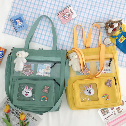 Eprolo Kore Tarzı Tavşan Figürlü Kanvas Çanta with large capacity, featuring a rabbit design, ideal for shoulder or backpack use.