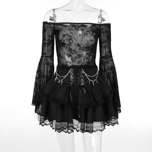 Layered Gothic zincir detaylı etek from eprolo, featuring chain accents and a dark, edgy style with flowing fabric.