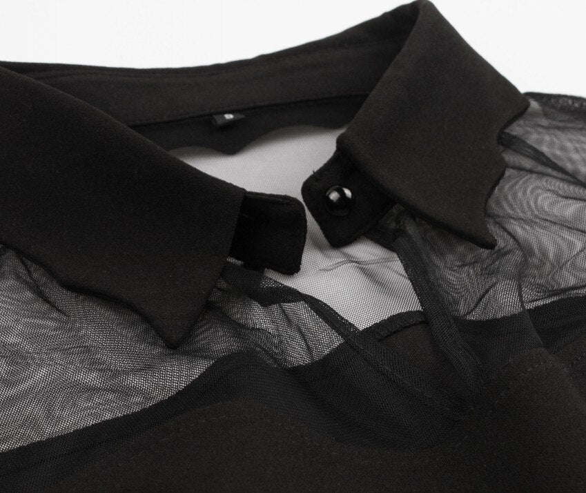 Eprolo black transparent mini dress displayed on a mannequin, showcasing its sleek, fitted design and sheer fabric.