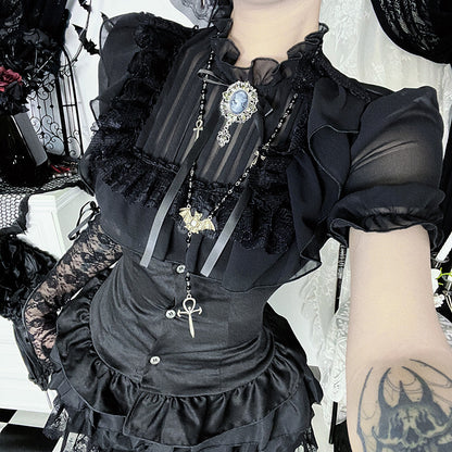 Elegant black lace detail gothic chic blouse by eprolo featuring intricate lace and stylish design.