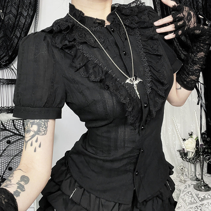 Black Gothic cut shirt from eprolo featuring lace details and a fitted design, perfect for Lolita or gothic fashion styles.