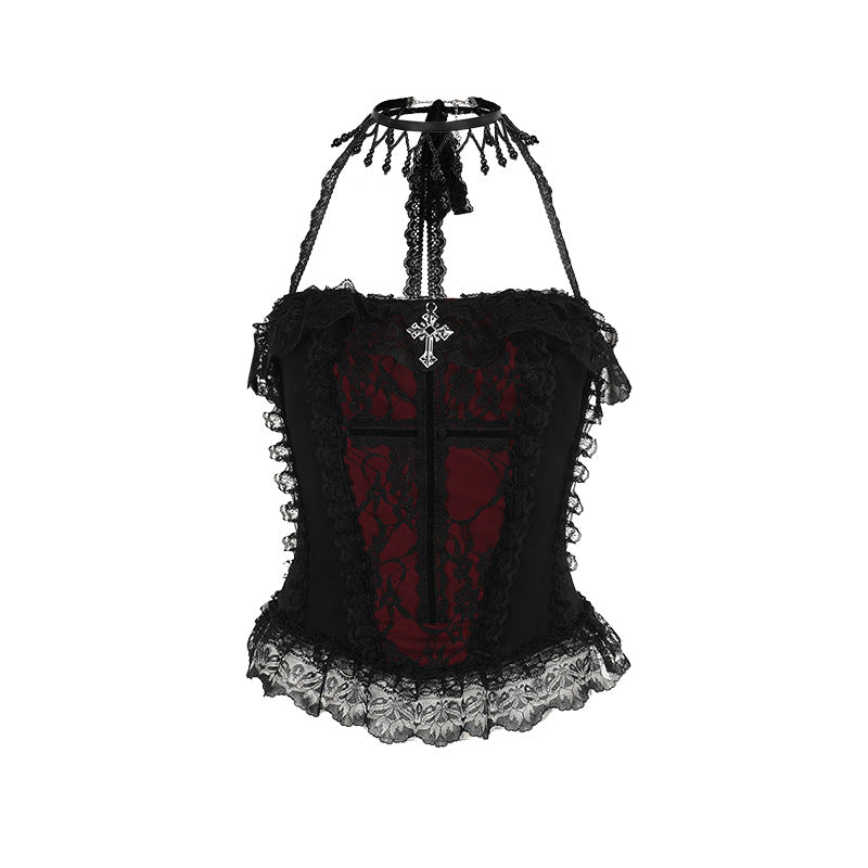 Red and black mini skirt and top set by eprolo, featuring a stylish matching outfit with a fitted skirt and sleeveless top.