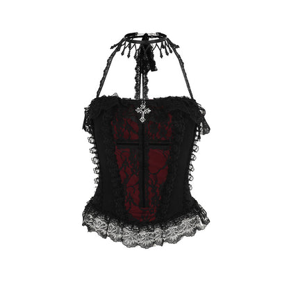 Red and black mini skirt and top set by eprolo, featuring a stylish matching outfit with a fitted skirt and sleeveless top.