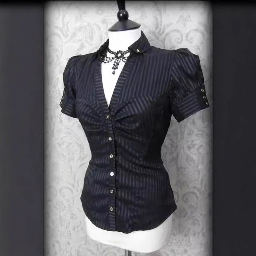 Kore stil çizgili kadın gömlek by eprolo, featuring a classic striped pattern and button-up design, displayed on a hanger.
