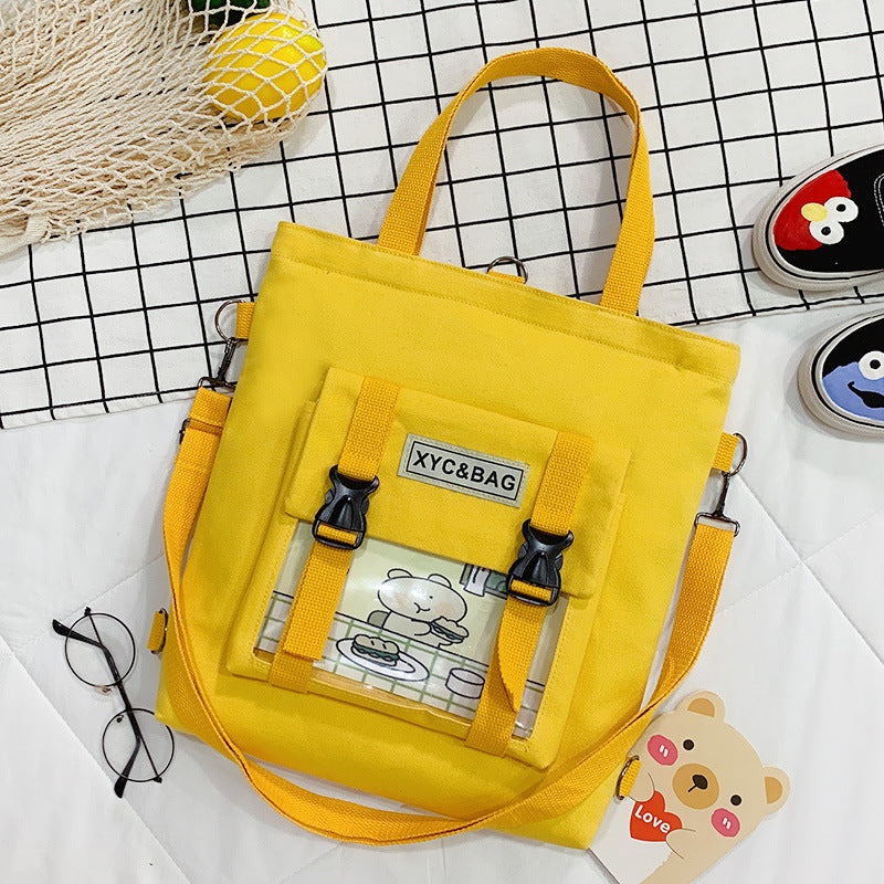 Transparent canvas shoulder bag with printed design by eprolo, featuring a clear, stylish canvas material and adjustable shoulder strap.