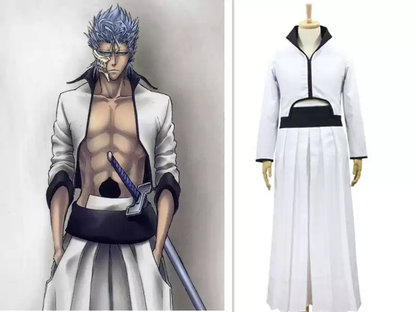 Grimmjow cosplay costume and wig from Bleach, featuring detailed blue armor and spiky hair styled for cosplay authenticity.
