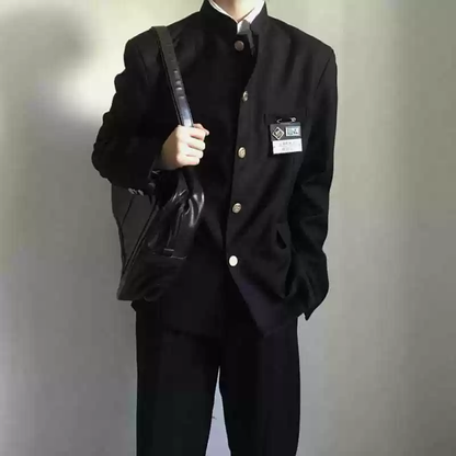 Anime style men's school uniform by Shadora, featuring a blazer, shirt, and tie, modeled on a male figure.