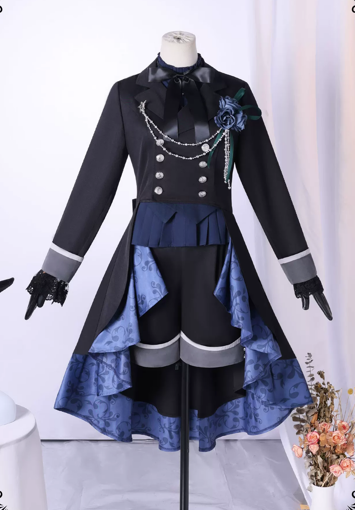 Black Butler Ciel Cosplay with black wig from Shadora, featuring detailed costume and accessories for authentic cosplay look.