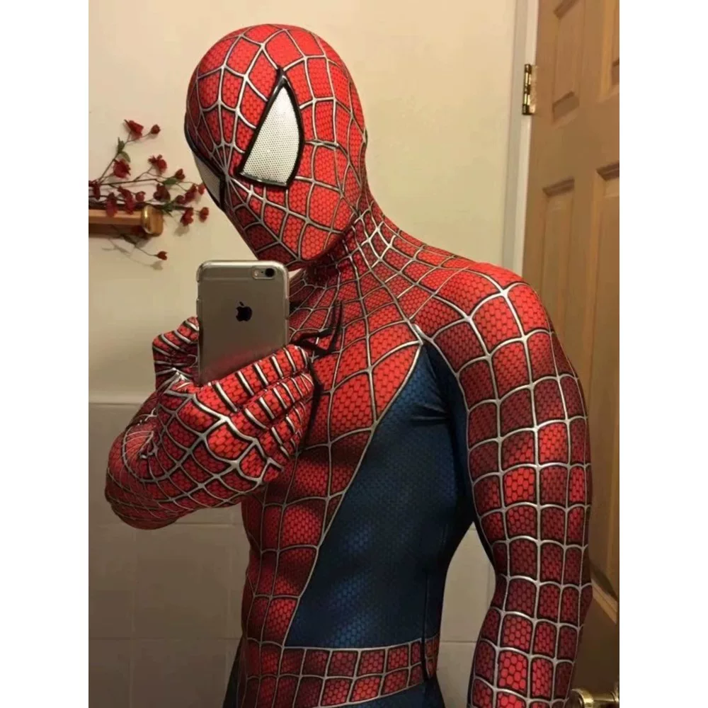 Shadora Tobey Maguire Spider-Man cosplay costume featuring red and blue suit with web details and mask, front view.