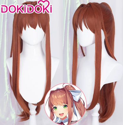 Shadora Monika cosplay wig from Doki Doki Literature Club, featuring long, straight brown hair with side bangs and natural style.