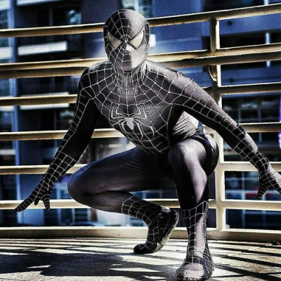 Shadora Spider Venom costume featuring a black and red spider-themed bodysuit with web patterns and matching mask.