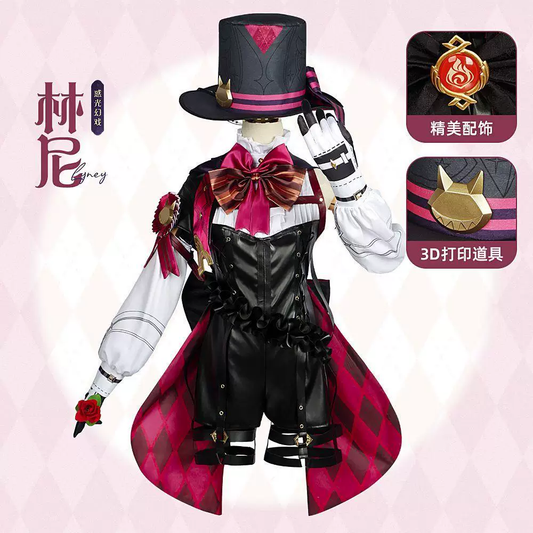 Lyney cosplay costume with wig from Shadora, featuring detailed costume and vibrant pink hair for character authenticity.