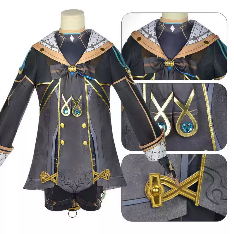 Shadora Freminet Genshin Impact cosplay costume with wig, featuring detailed blue and white outfit and matching hairstyle.