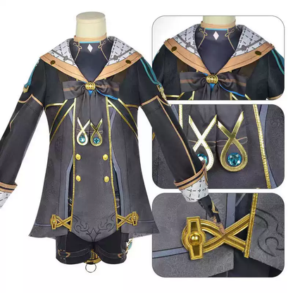 Shadora Freminet Genshin Impact cosplay costume with wig, featuring detailed blue and white outfit and matching hairstyle.
