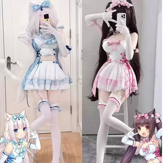 Shadora Vanilla and Chocola cosplay wigs from Nekopara, featuring detailed brown and cream-colored peruk with cat ear accessories.