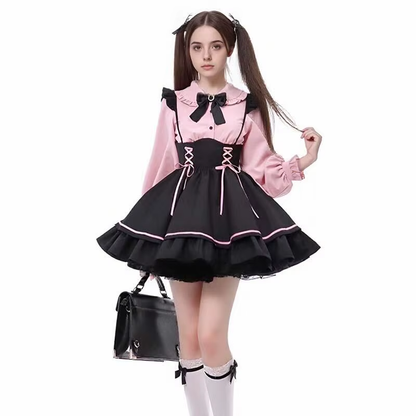 Pink Jirai Kei Lolita dress set with bow detail, featuring a cute, elegant design and intricate detailing, perfect for Lolita fashion.