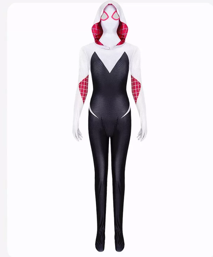 Shadora Gwen Stacy cosplay costume featuring a red and white striped top, blue jacket, and styled blonde hair.
