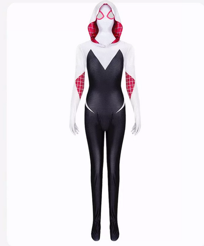 Shadora Gwen Stacy cosplay costume featuring a red and white striped top, blue jacket, and styled blonde hair.
