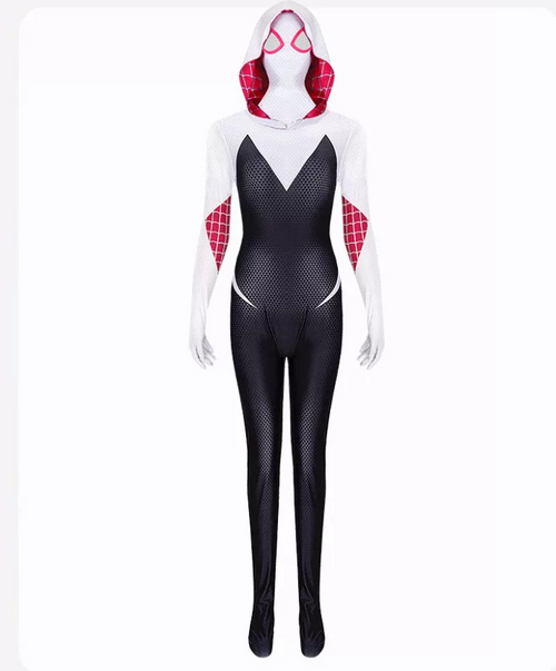 Shadora Gwen Stacy cosplay costume featuring a red and white striped top, blue jacket, and styled blonde hair.