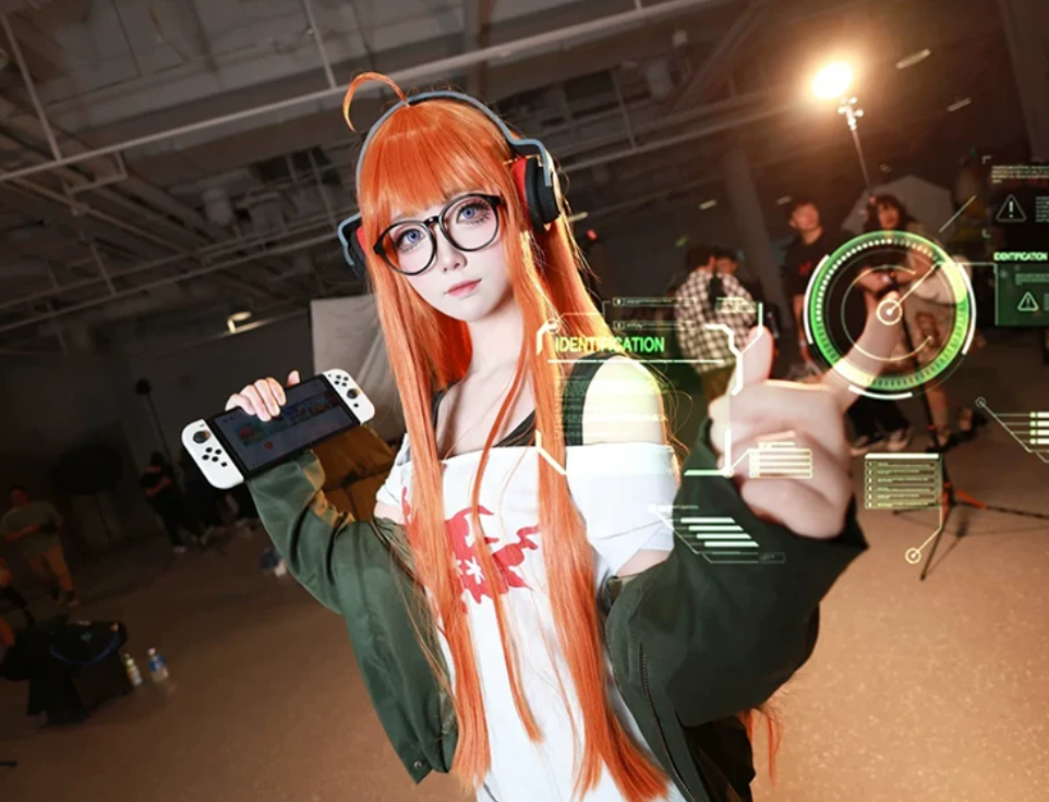Futaba Sakura cosplay with wig from Persona 5, featuring character costume and styled pink hair wig by Shadora.