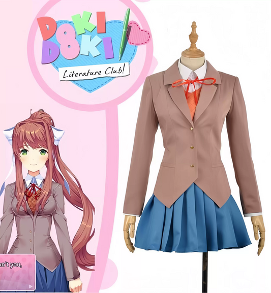 Shadora Doki Doki Literature Club cosplay featuring Natsuki, Yuri, Sayori, and Monika with matching wigs and costumes.