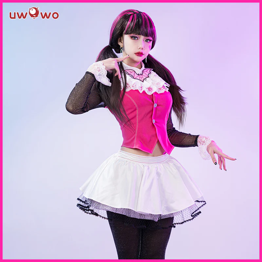 Shadora Draculara Monster High cosplay with black wig, featuring detailed vampire-inspired costume and accessories.
