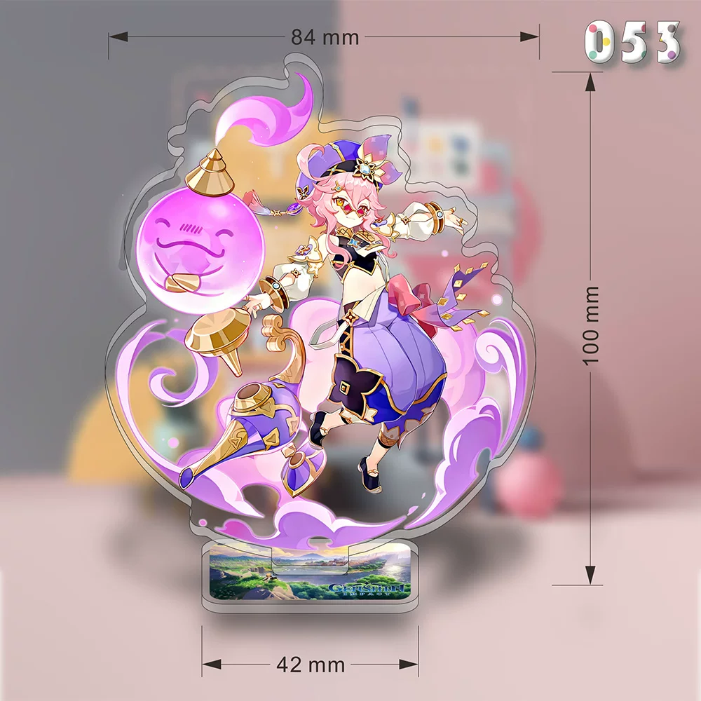 Acrylic Dori stand featuring Genshin Impact character design, with Shadora branding, showcasing intricate artwork on transparent material.