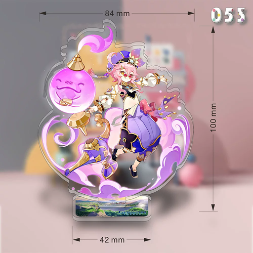 Acrylic Dori stand featuring Genshin Impact character design, with Shadora branding, showcasing intricate artwork on transparent material.