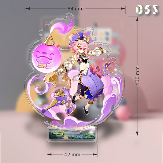 Acrylic Dori stand featuring Genshin Impact character design, with Shadora branding, showcasing intricate artwork on transparent material.