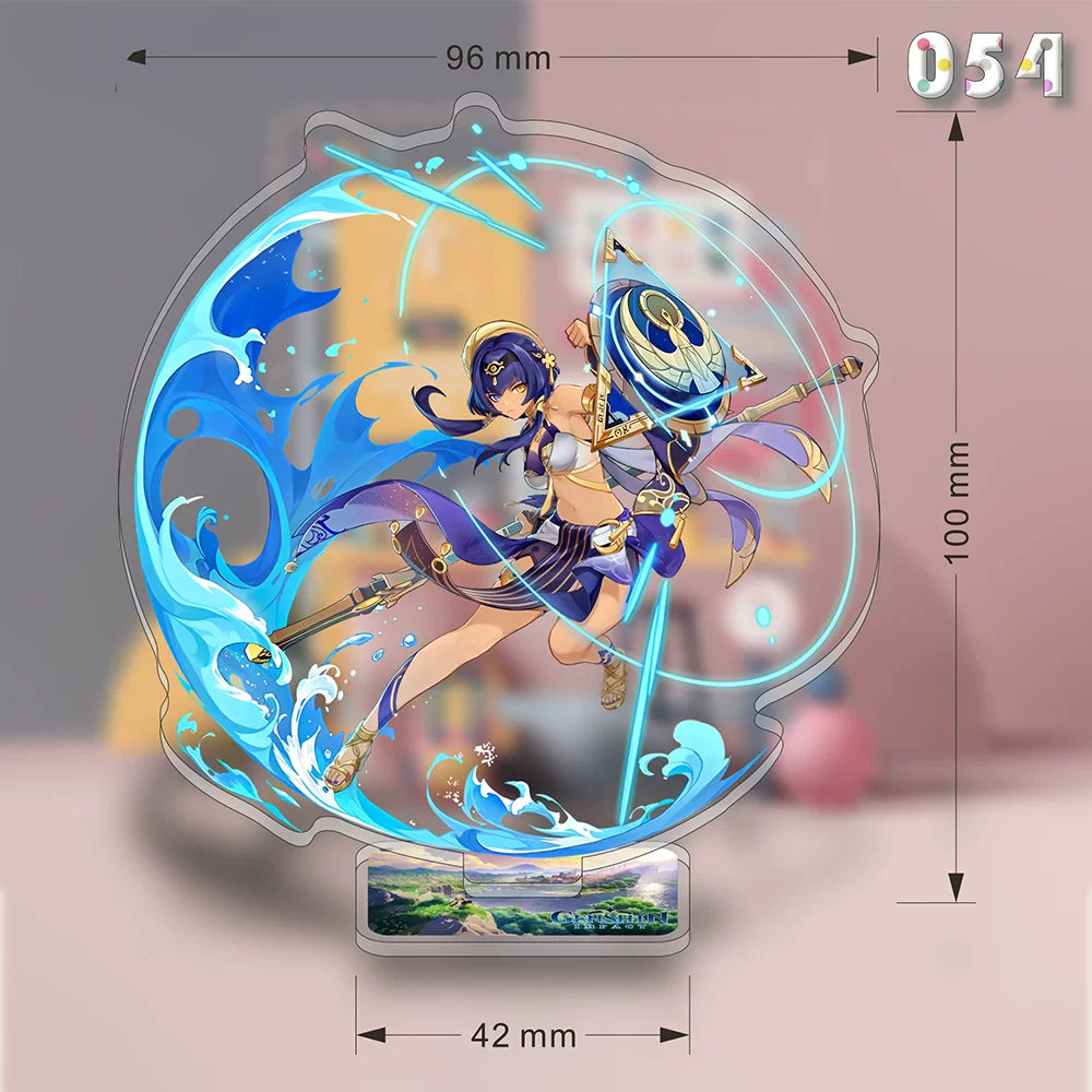 Acrylic stand featuring Candace from Genshin Impact with detailed artwork, branded by Shadora, on a clear display stand.