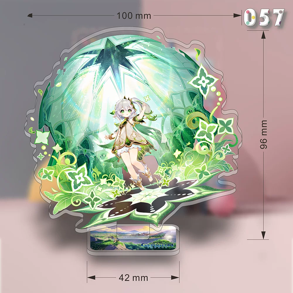 Acrylic stand featuring Nahida from Genshin Impact, displayed on a clear transparent base, with detailed character artwork.