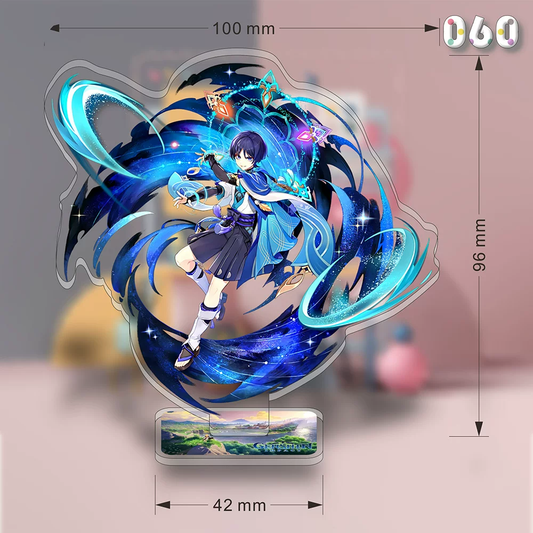 Acrylic stand featuring Genshin Impact Wanderer character, stylish collectible display by Shadora with detailed artwork.