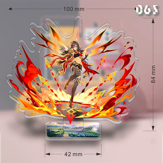 Acrylic Dehya stand from Genshin Impact by Shadora, featuring detailed character design on a clear display stand.