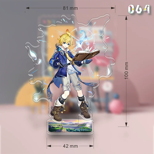 Acrylic stand featuring Genshin Impact characters from the Mika collection by Shadora, with detailed character illustrations.