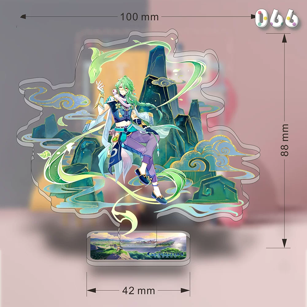 Acrylic stand featuring Baizhu from Genshin Impact by Shadora, showcasing detailed character design on transparent material.