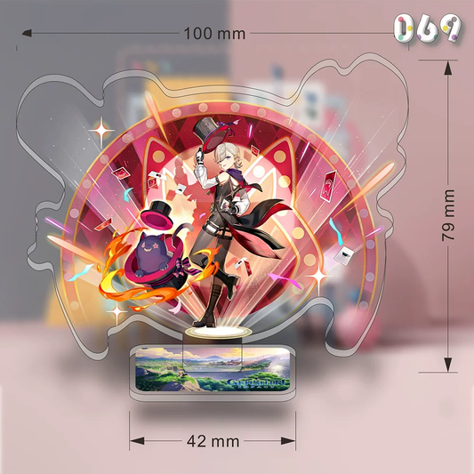 Acrylic Lyney Genshin Impact stand by Shadora featuring detailed character design and vibrant colors.